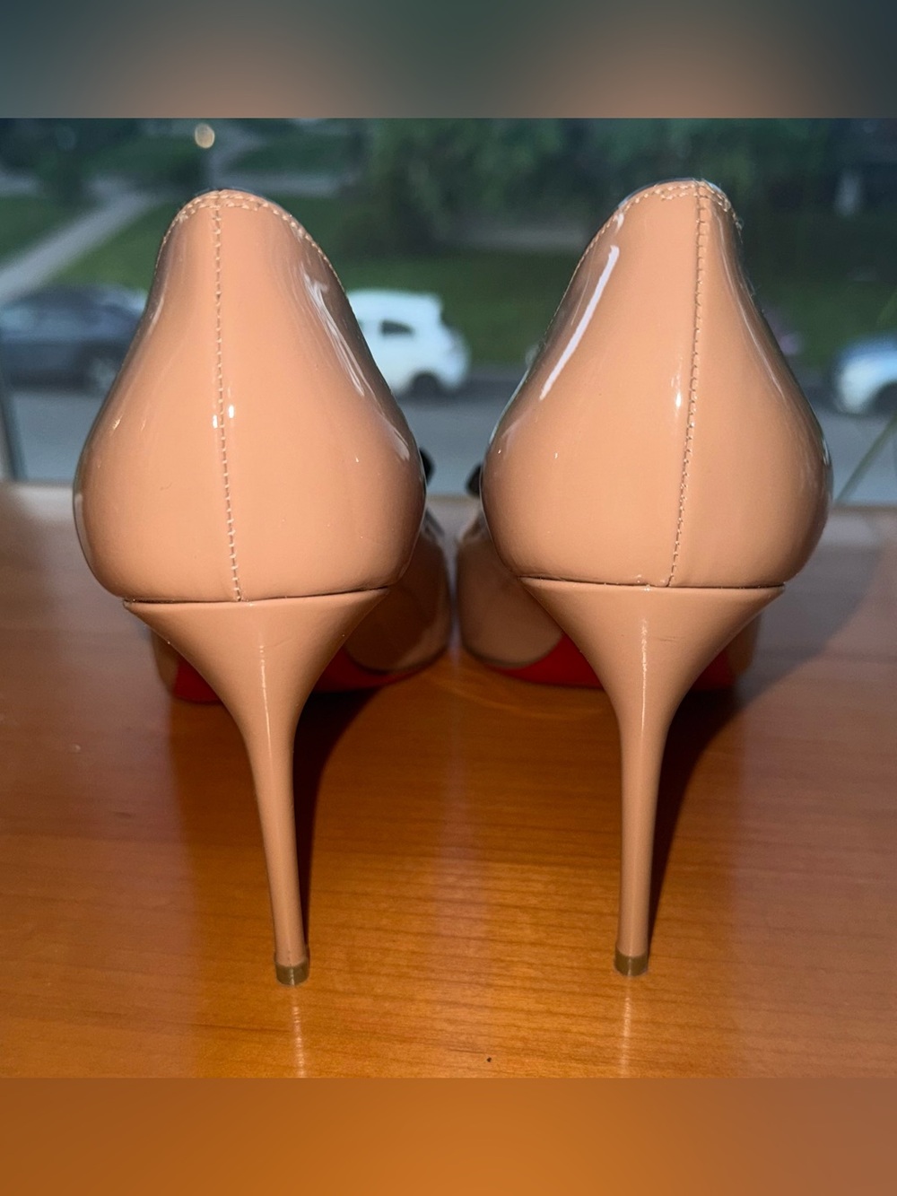Christian Louboutin Nude Patent Leather Bow Peep-Toe Heels with Black Bows - Picture 6 of 7